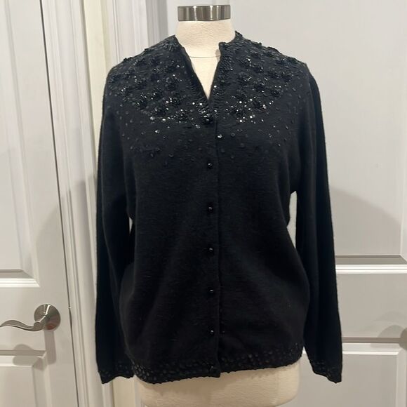 New! VIVIEN FOREST Cardigan Black Floral Sequin Lambswool Angora Blend PRETTY! - Picture 2 of 16